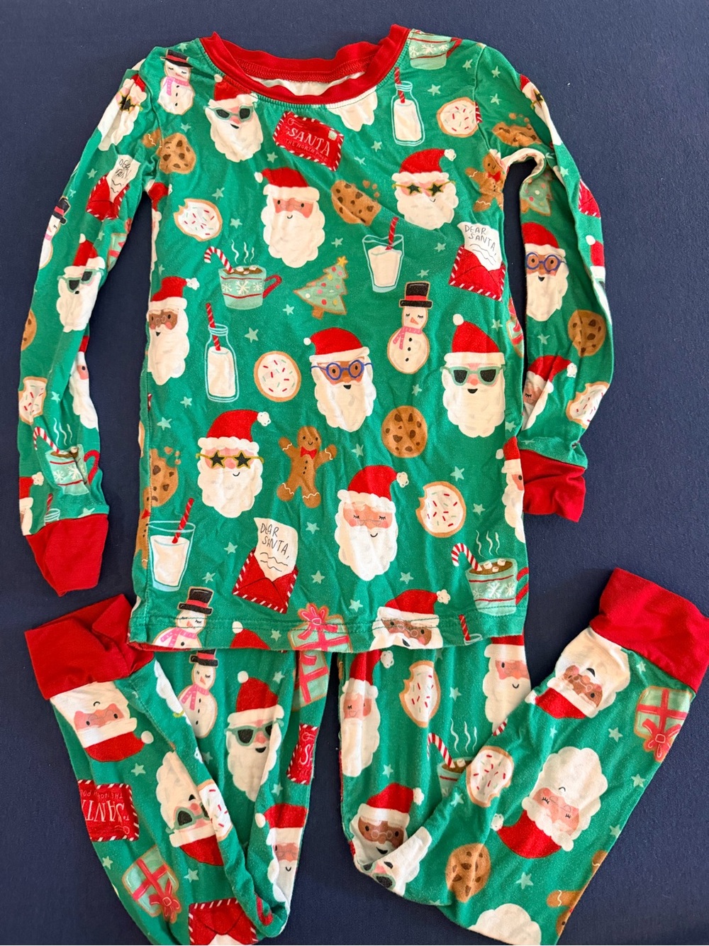 Little Sleepies Green Santa Print Pajama Set with Red Trim
